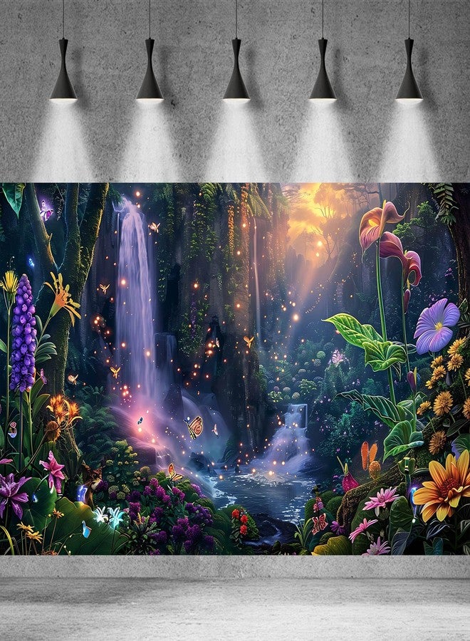 CaterRina Fantasy Garden Aquarium Background Sunset Waterfall and Flowers Terrarium Backdrop Tropical Forest Lush Plant Magic Butterfly Lights Flowers Fish Tank Background Poster Decorations 30x18in - Image 3